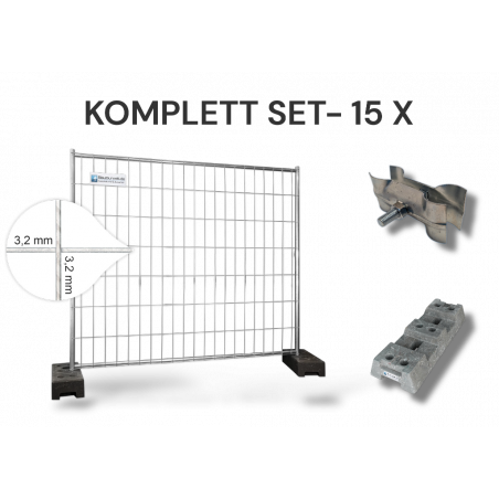 Set of 15 mobile fence panels, 2.20m x 2.00m, 11 kg extra strong - 16 kg PE base